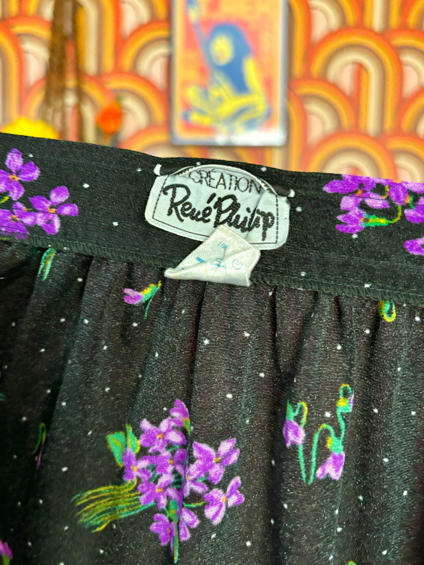 Vintage 70s Black and Purple Floral Wrap Skirt