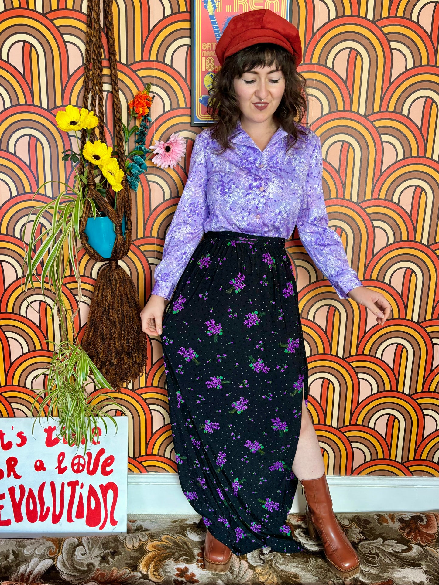 Vintage 70s Black and Purple Floral Wrap Skirt