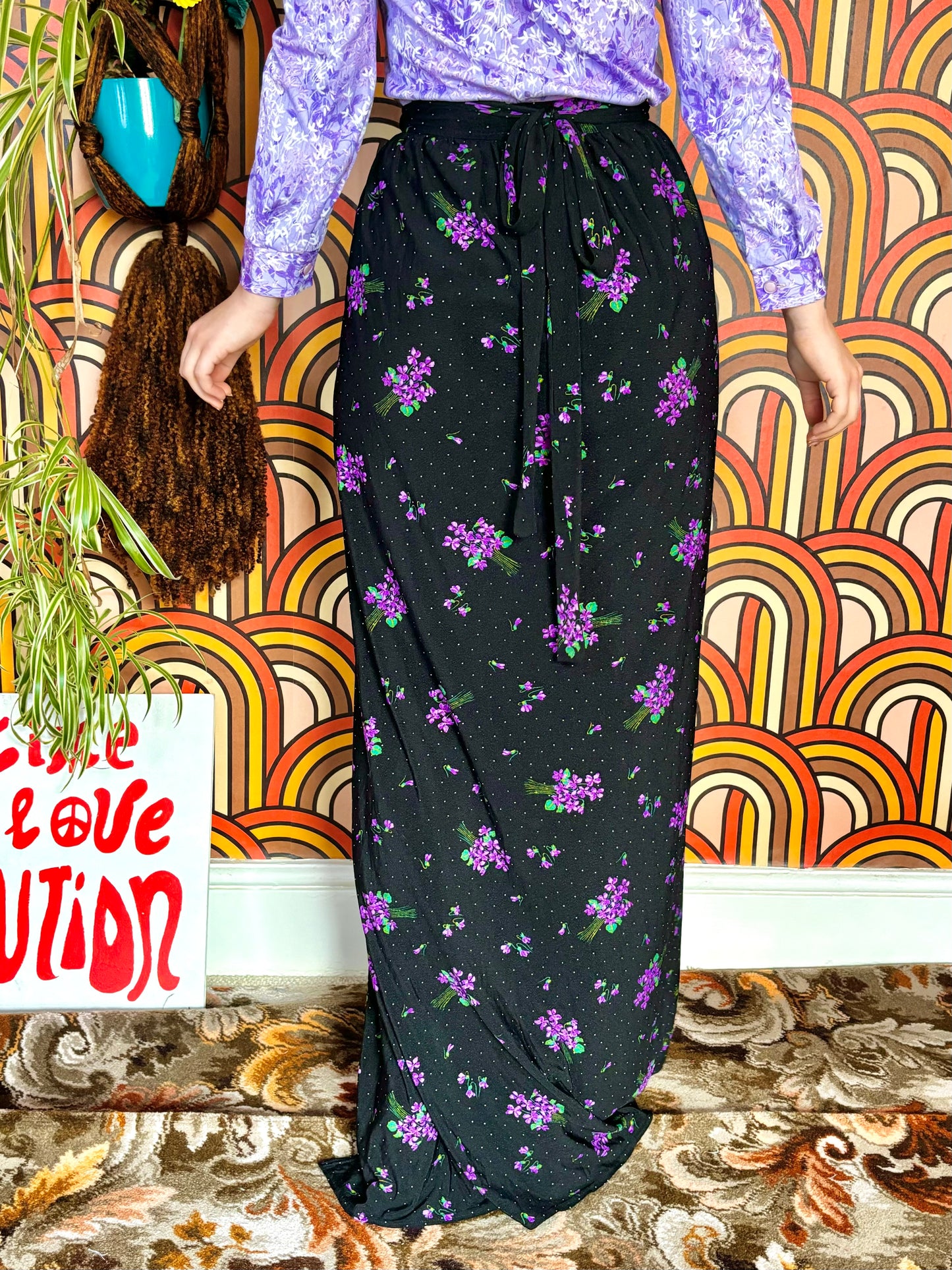 Vintage 70s Black and Purple Floral Wrap Skirt