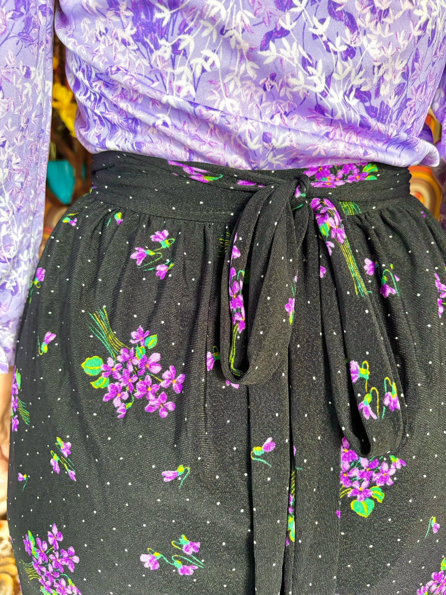 Vintage 70s Black and Purple Floral Wrap Skirt