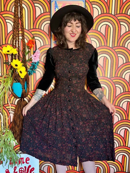 Vintage 80s Velvet Floral Midi Dress