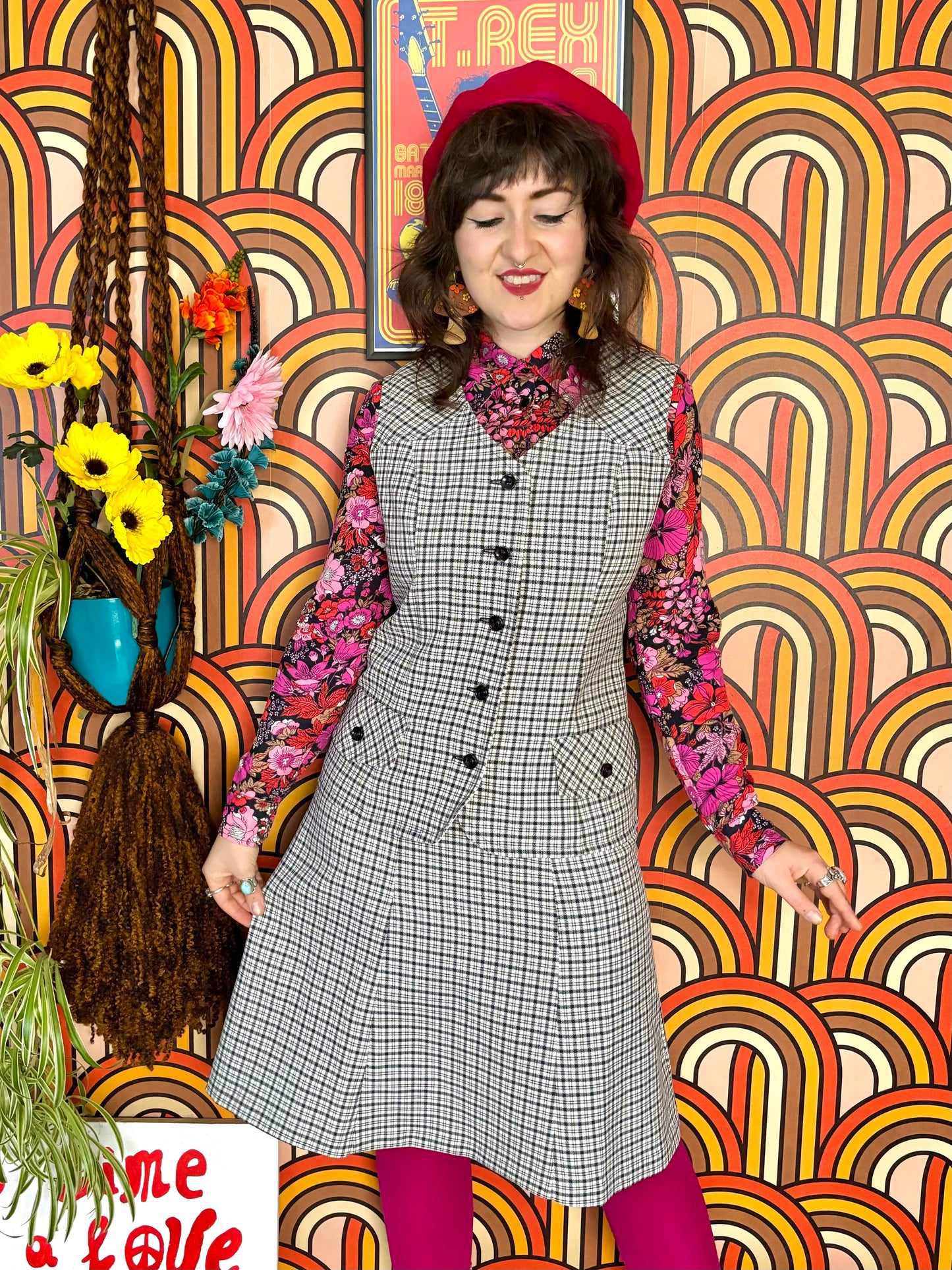 Vintage 70s Black and White Check Waistcoat and Skirt Two Piece Suit