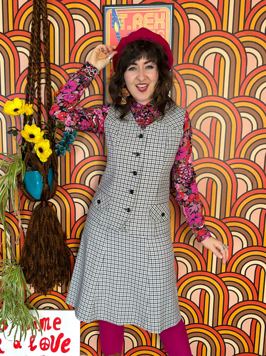 Vintage 70s Black and White Check Waistcoat and Skirt Two Piece Suit