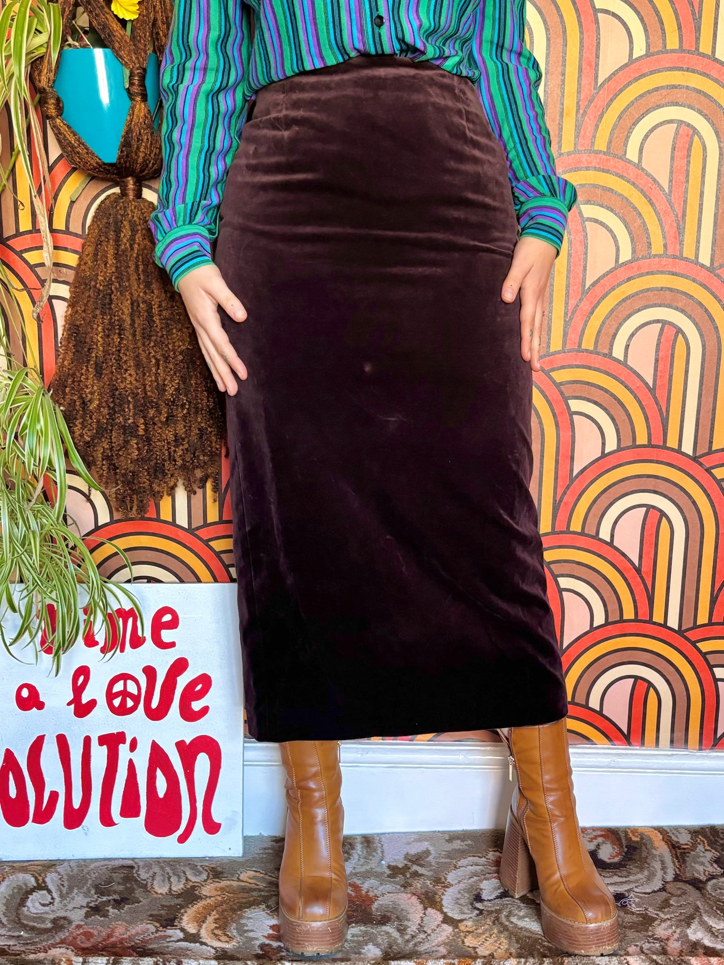 Vintage 90s Brown Velvet Midi Skirt