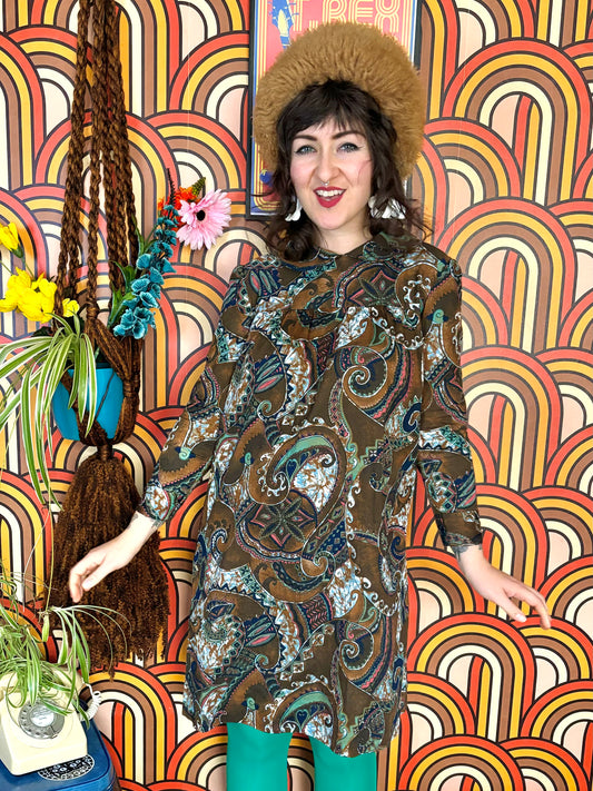 Vintage 60s Brown Paisley Mini Dress