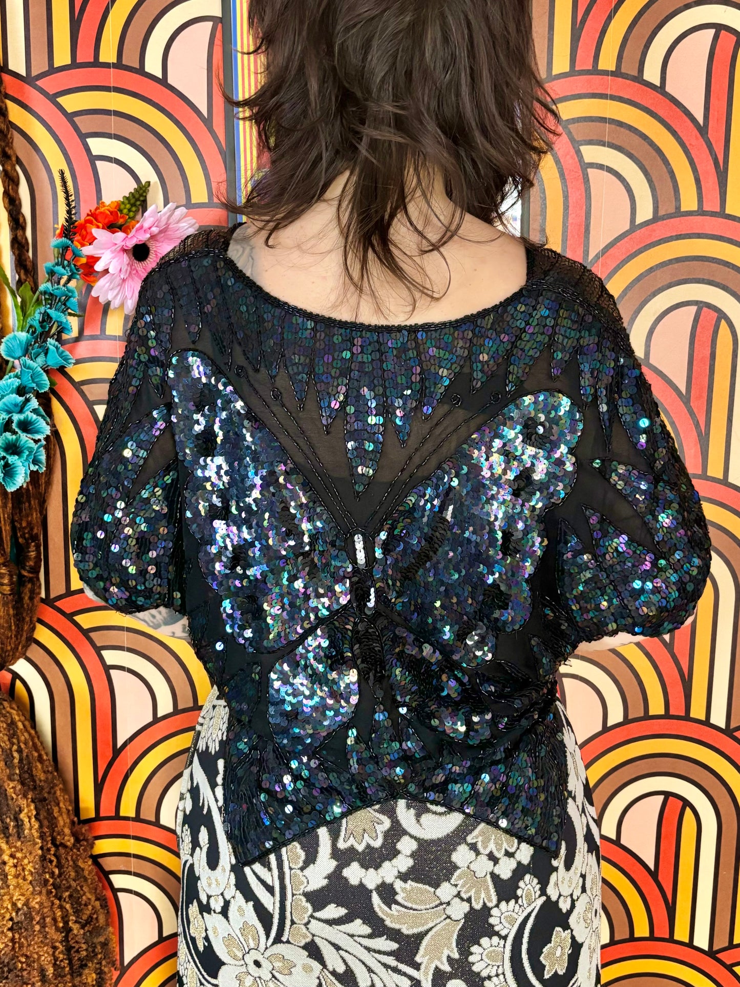 Vintage 70s Black Sequin Butterly Top