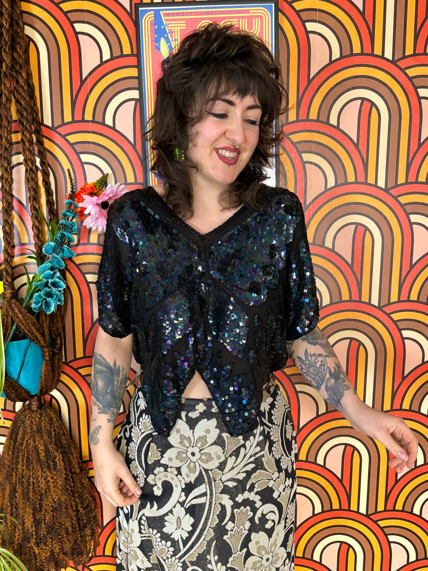 Vintage 70s Black Sequin Butterly Top