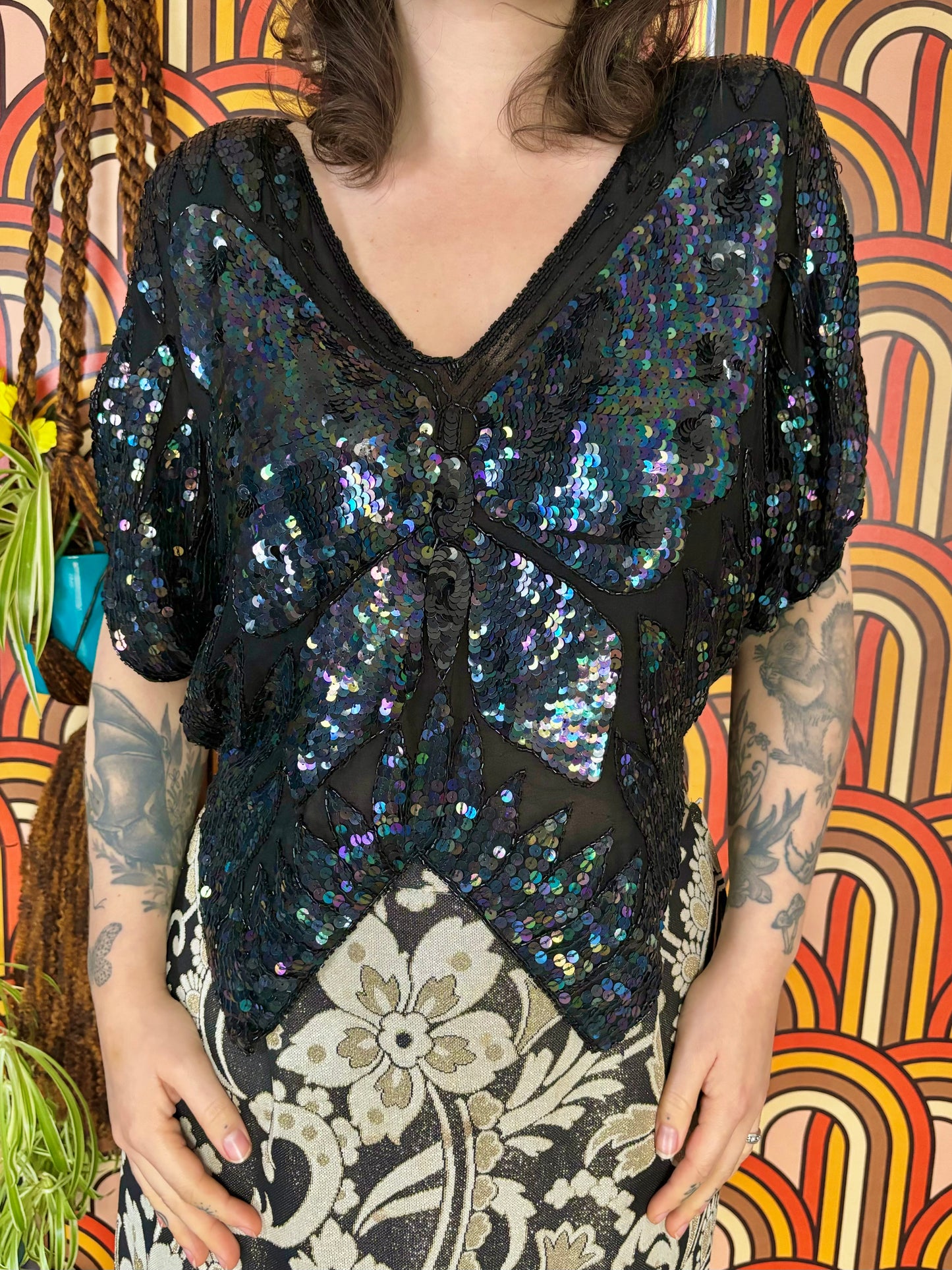 Vintage 70s Black Sequin Butterly Top