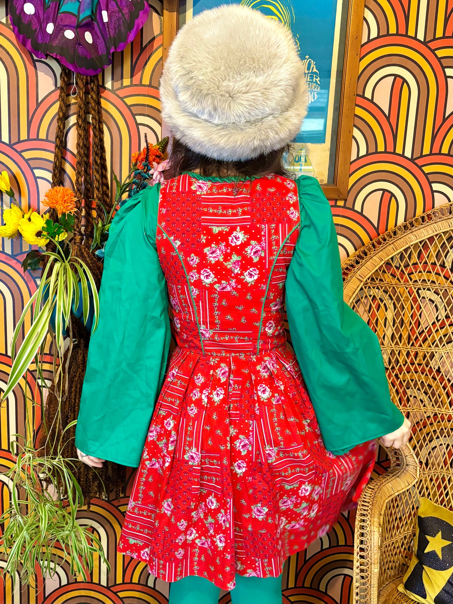 Vintage Red Floral Dirndl Dress