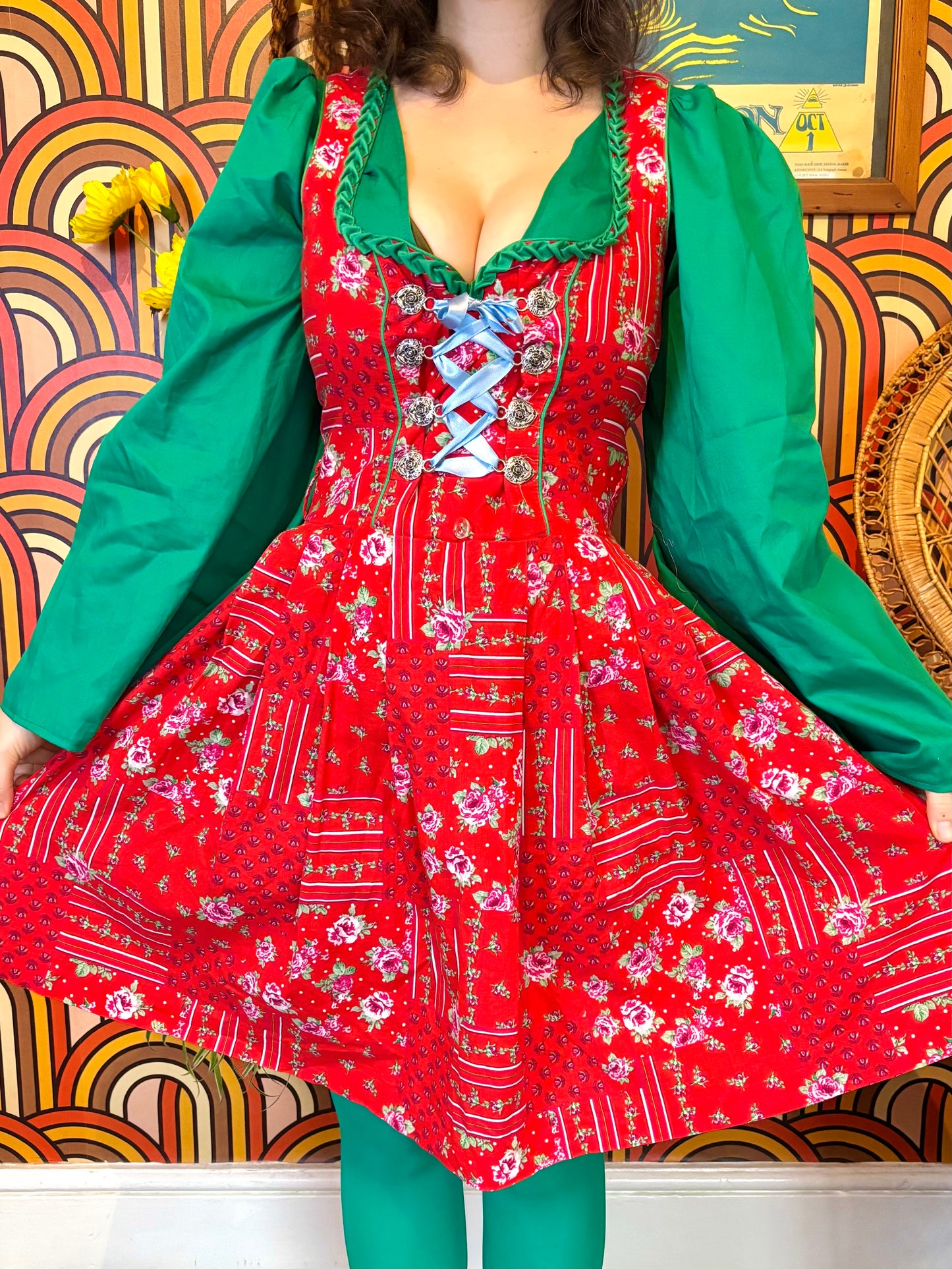 Vintage Red Floral Dirndl Dress