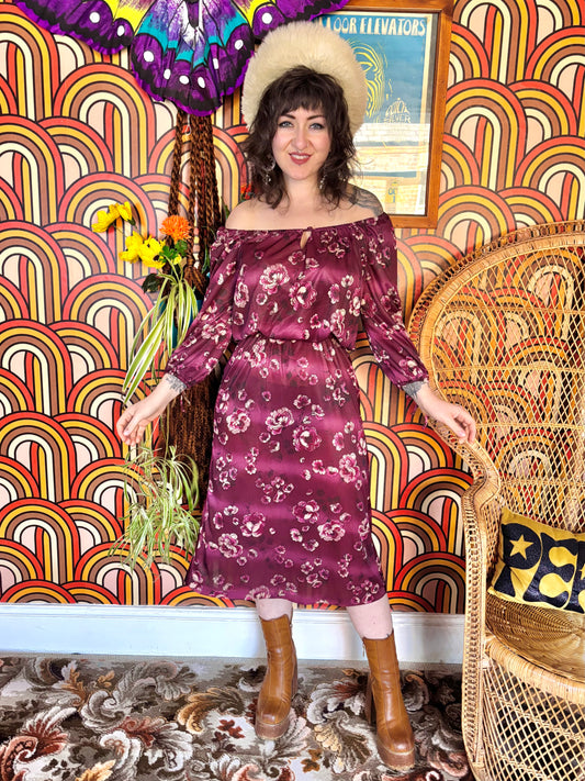 Vintage 70s Maroon Floral Midi Dress