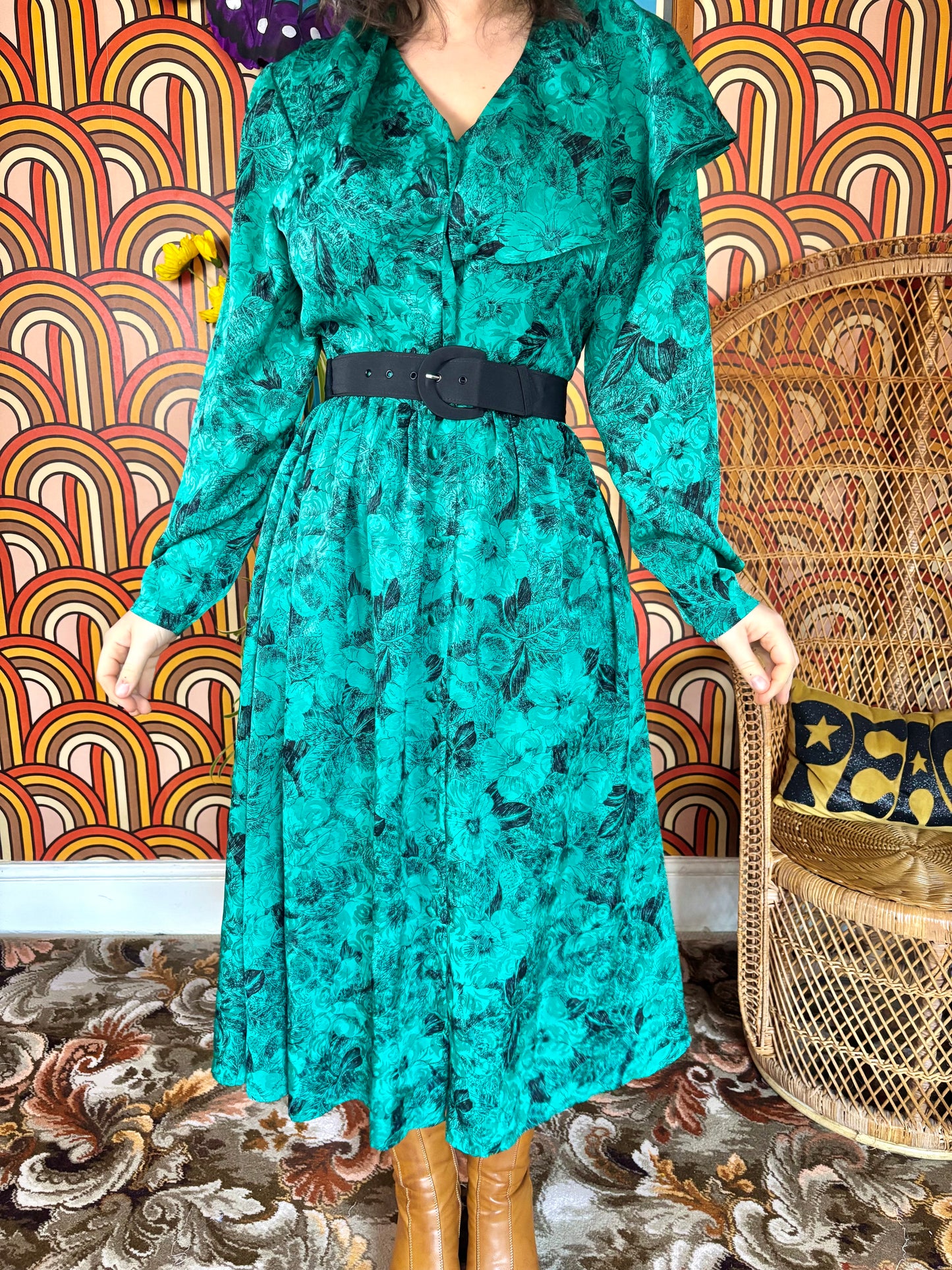 Vintage 80s Green Floral Midi Dress