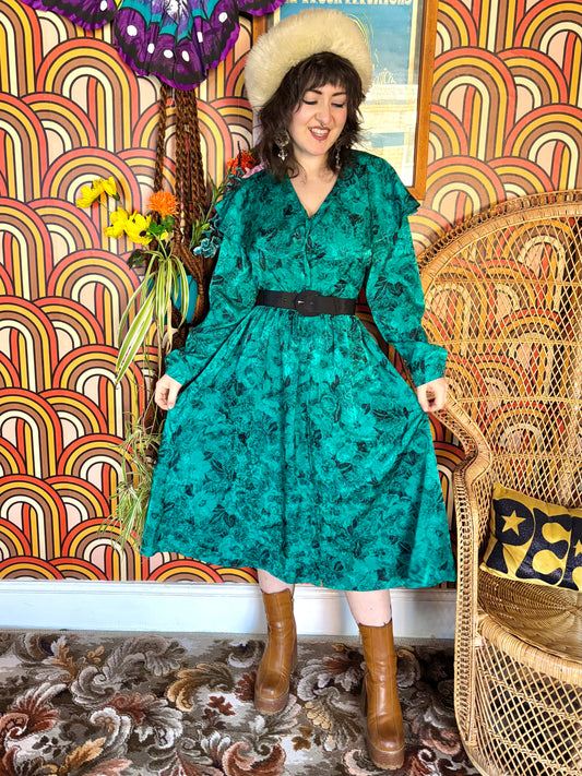 Vintage 80s Green Floral Midi Dress