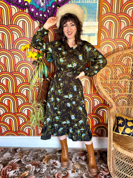 Vintage 70s Black Floral Midi Dress