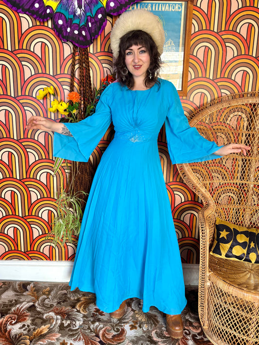 Vintage 60s Blue Bell Sleeve Maxi Dress