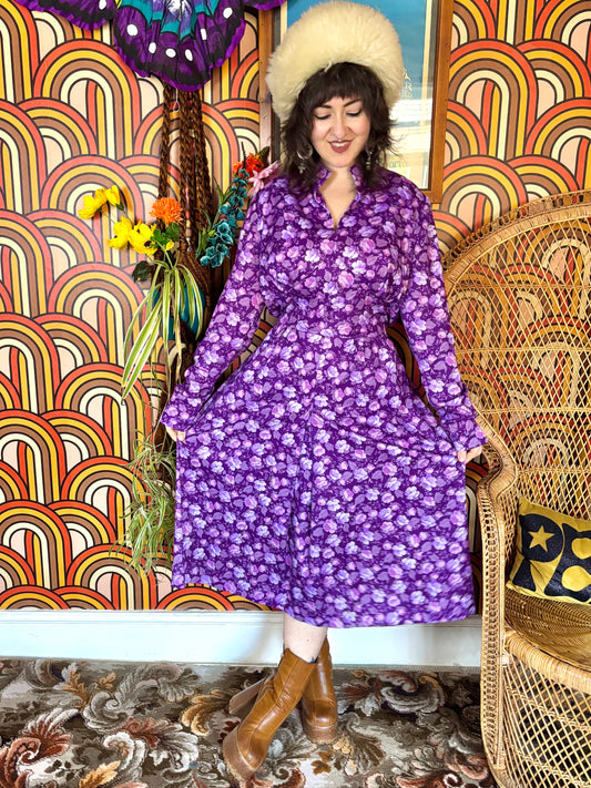 Vintage 70s Purple Floral Tea Dress