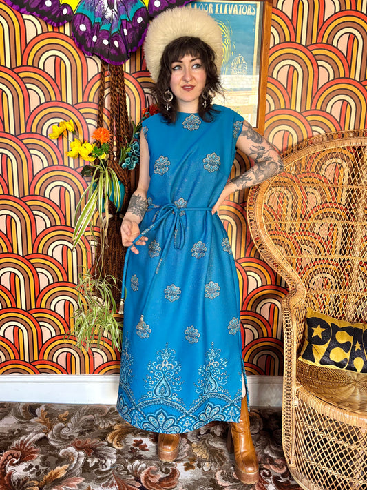 Vintage 70s Blue Paisley Lurex Maxi Dress