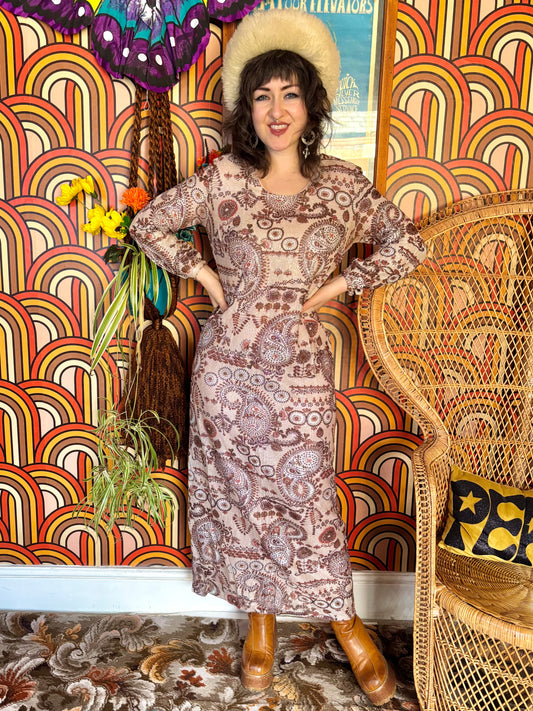 Vintage 70s Beige Paisley Lurex Maxi Dress