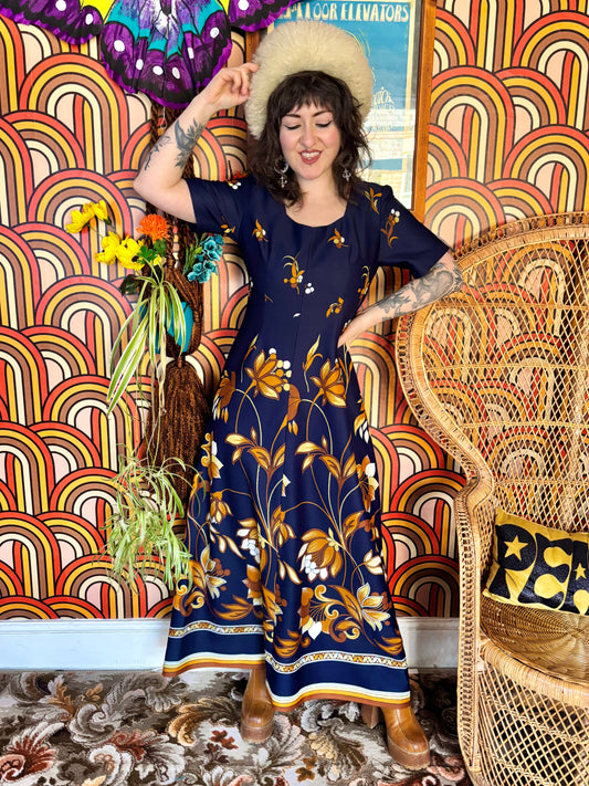 Vintage 70s Navy and Orange Floral Maxi Dress