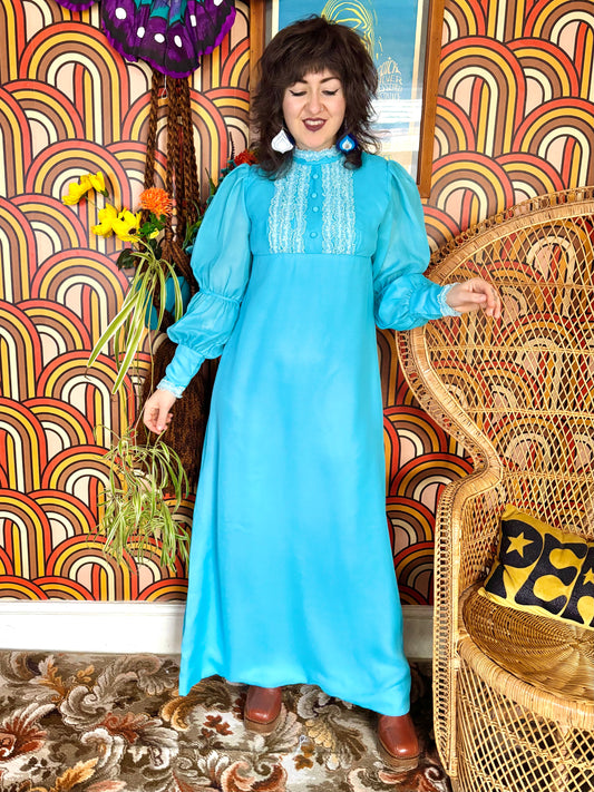 Vintage 60s Turquoise Blue Juliette Sleeve Maxi Dress