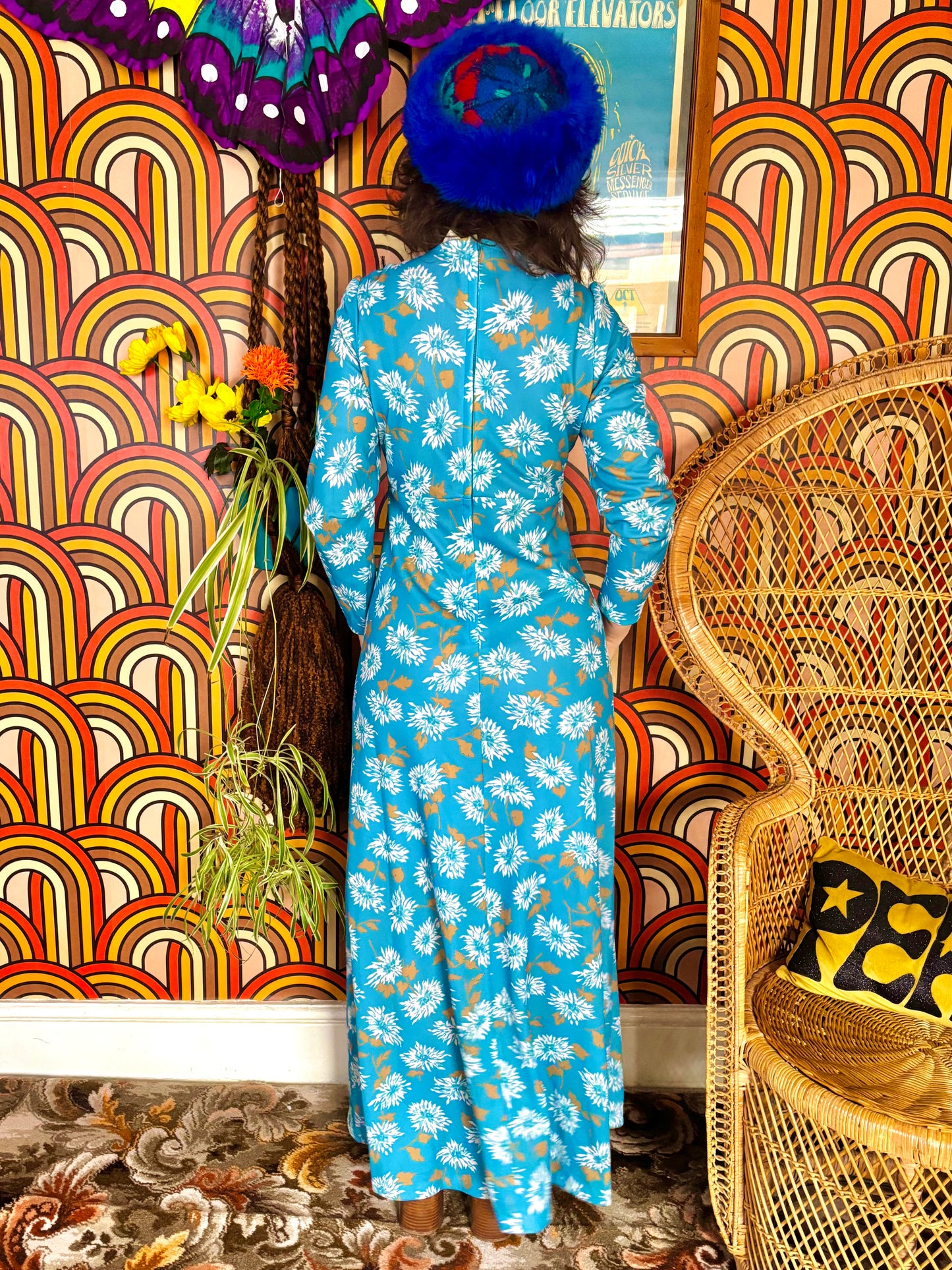 Vintage 70s Blue Floral Maxi Dress