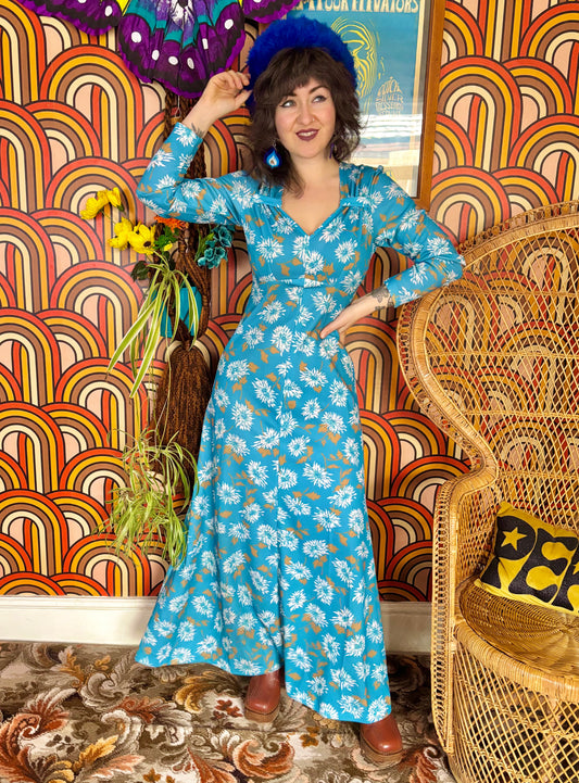 Vintage 70s Blue Floral Maxi Dress