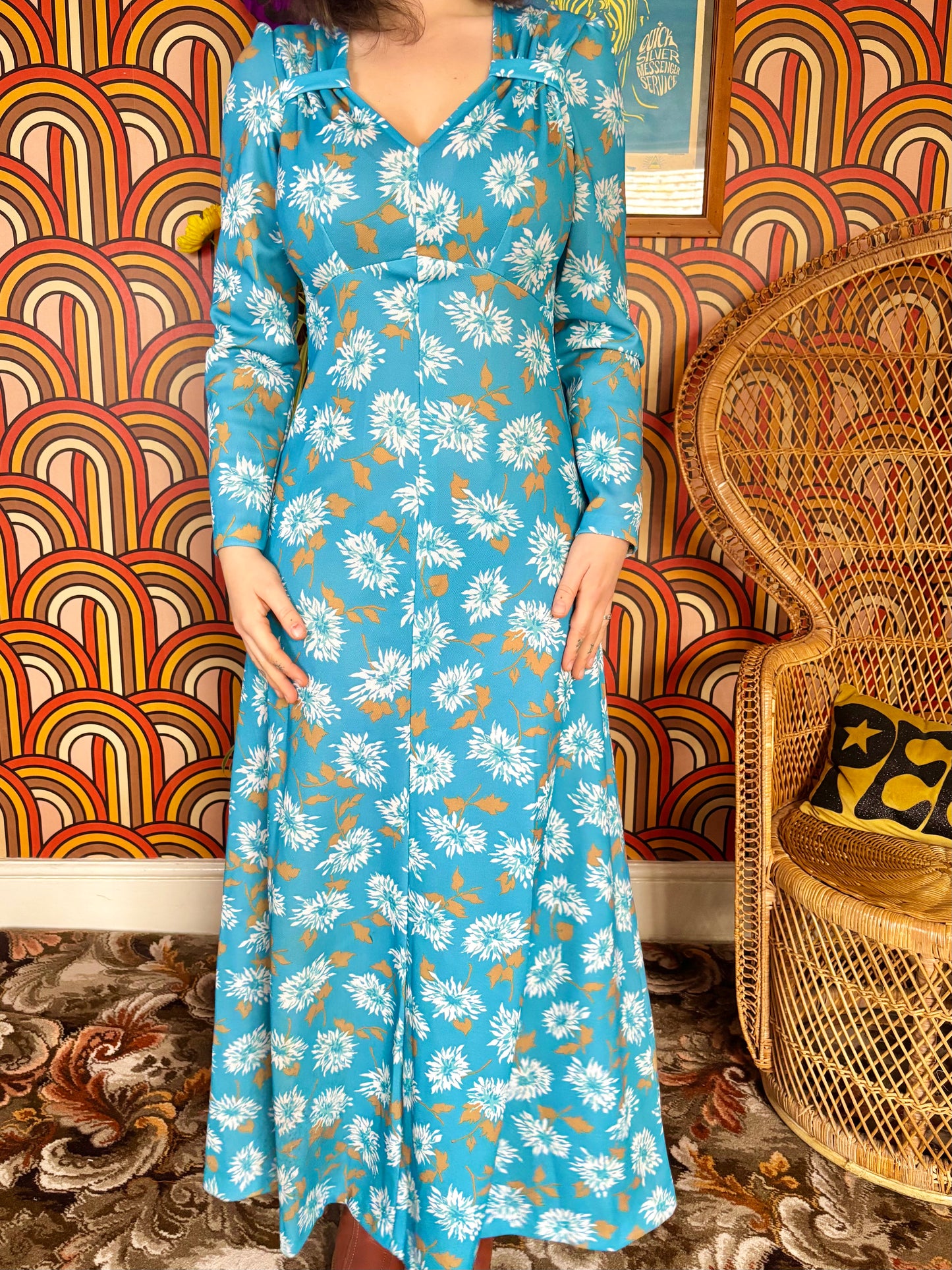 Vintage 70s Blue Floral Maxi Dress