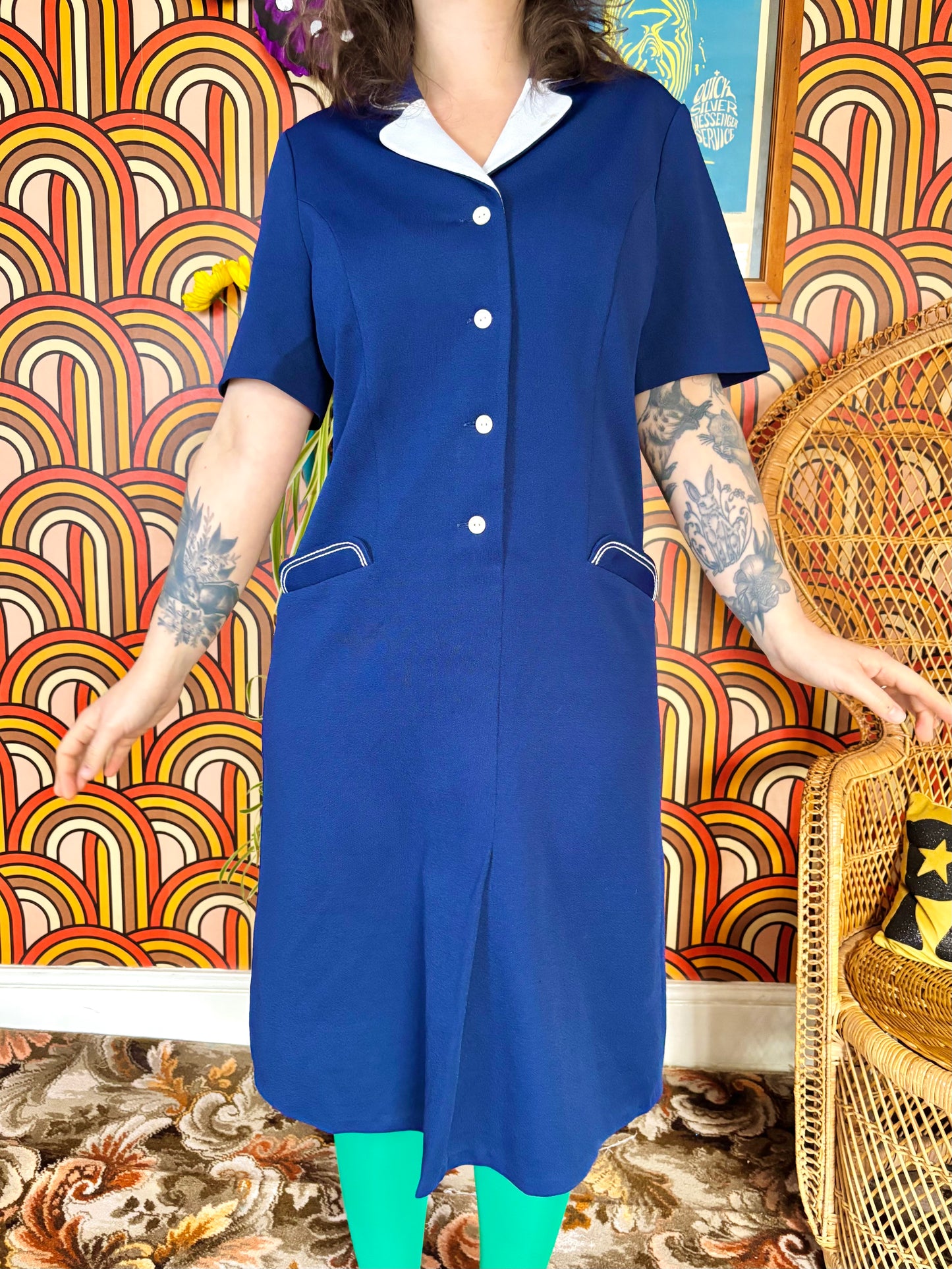 Vintage 70s Navy Collar Button Down Dress