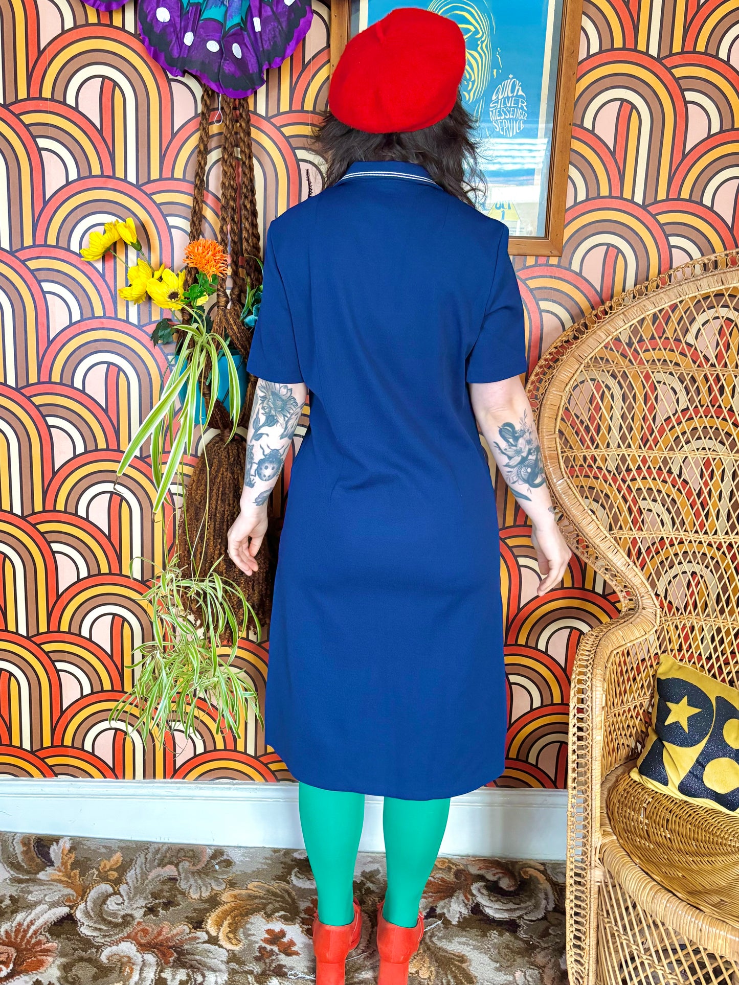 Vintage 70s Navy Collar Button Down Dress