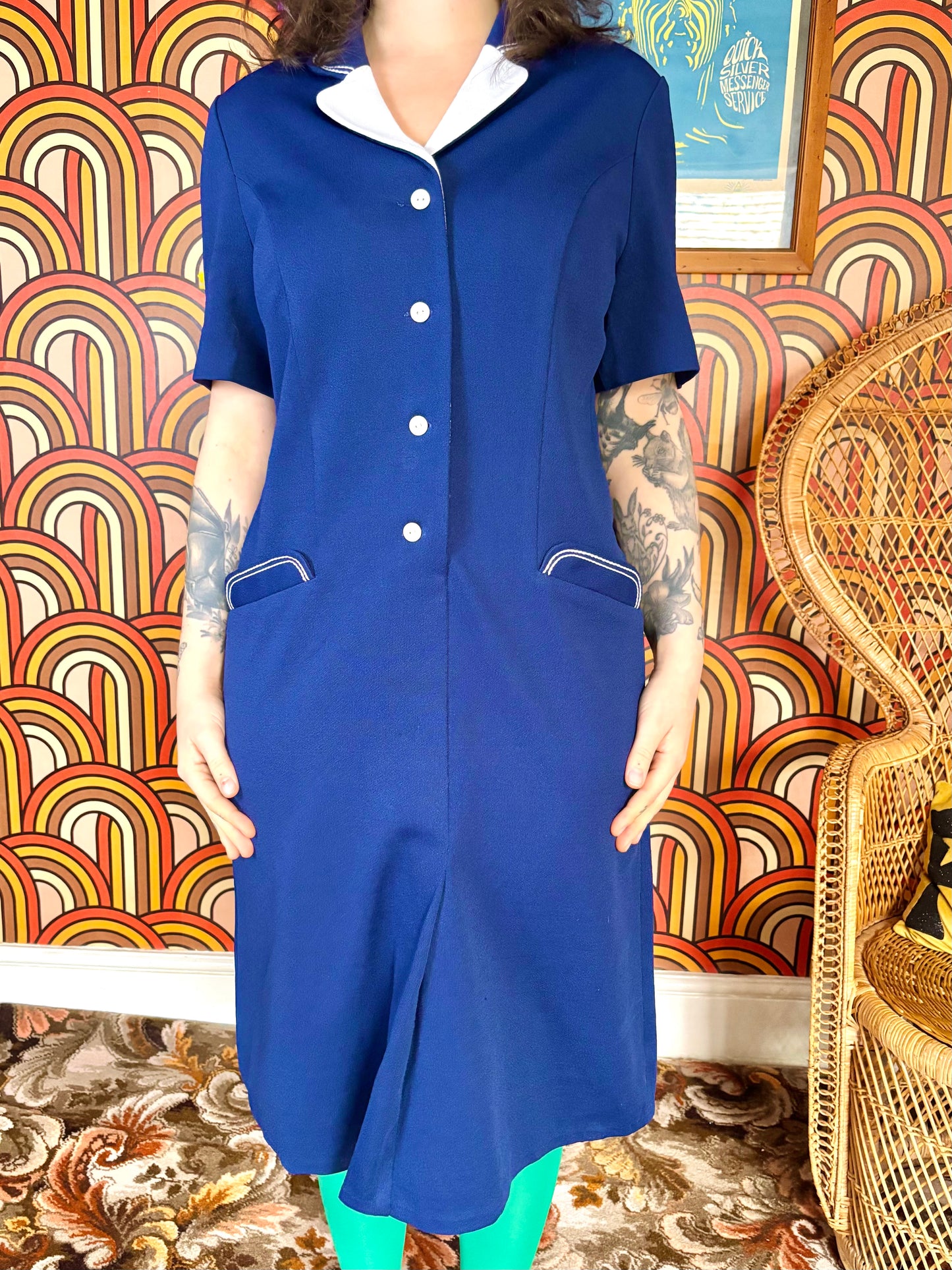 Vintage 70s Navy Collar Button Down Dress