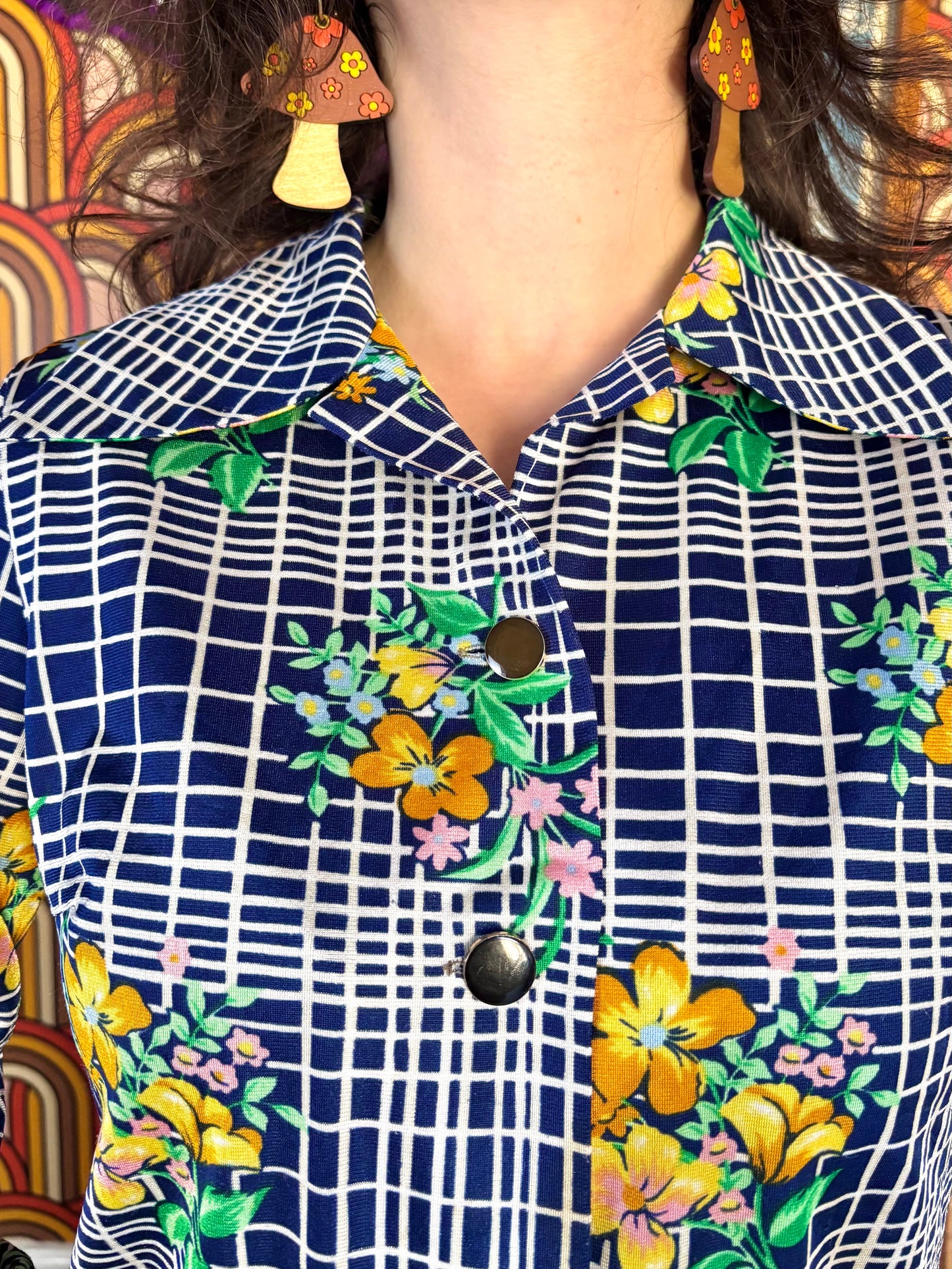 Vintage 70s Blue Check Floral Shirt