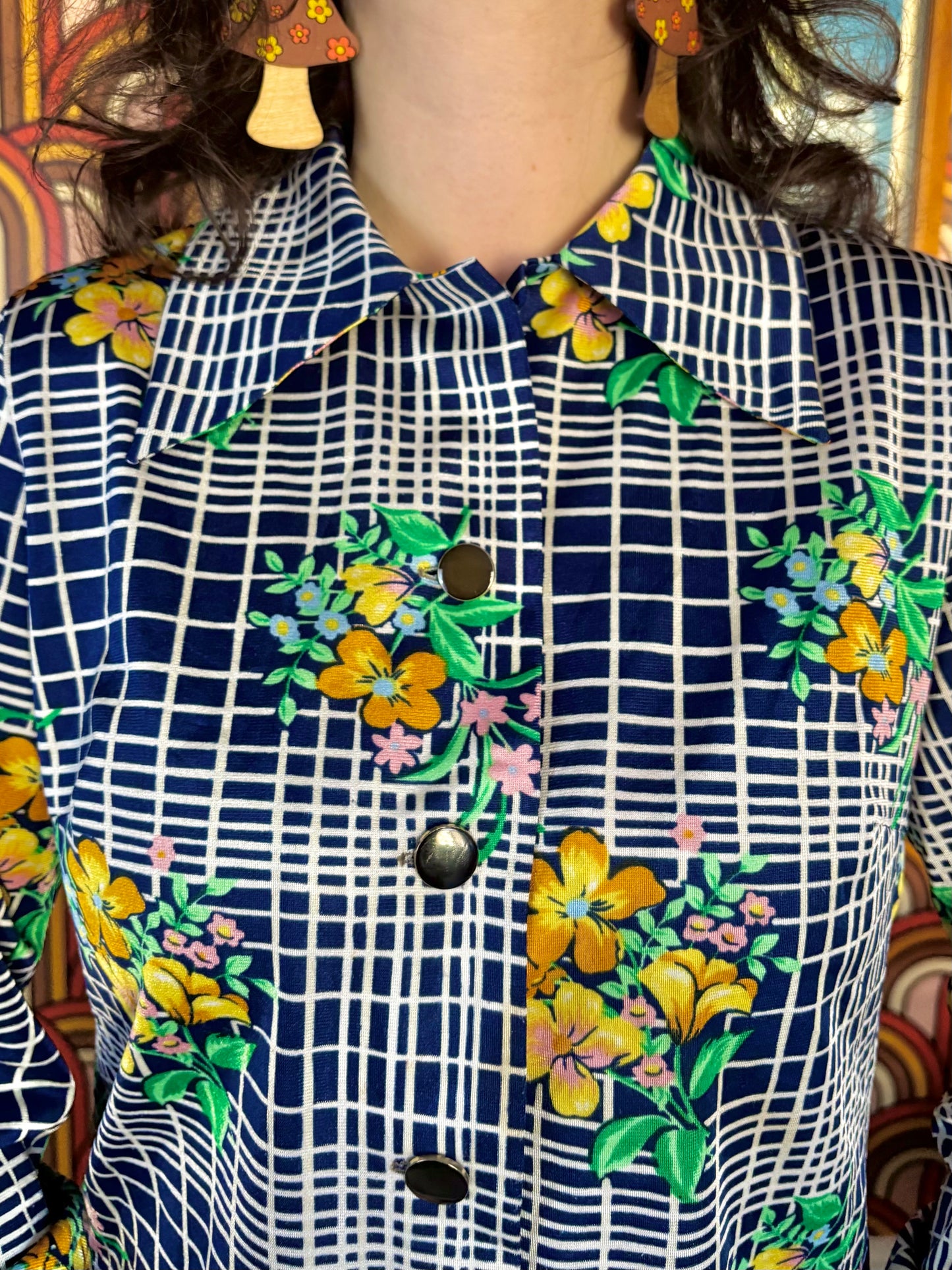 Vintage 70s Blue Check Floral Shirt