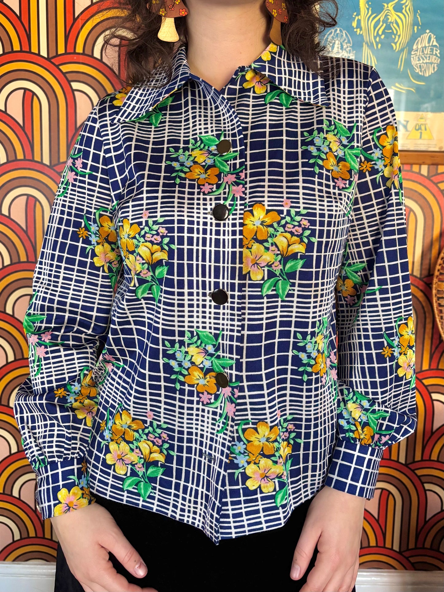 Vintage 70s Blue Check Floral Shirt