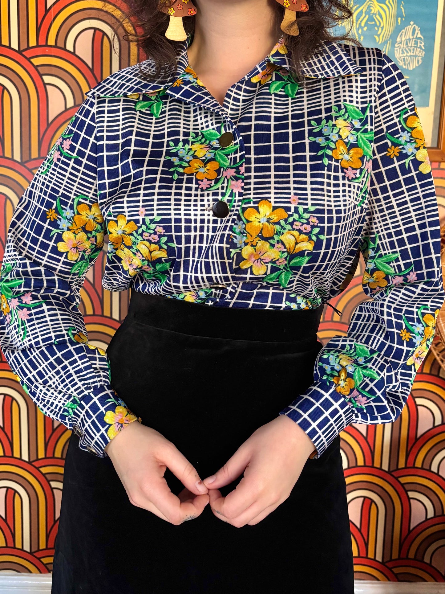 Vintage 70s Blue Check Floral Shirt