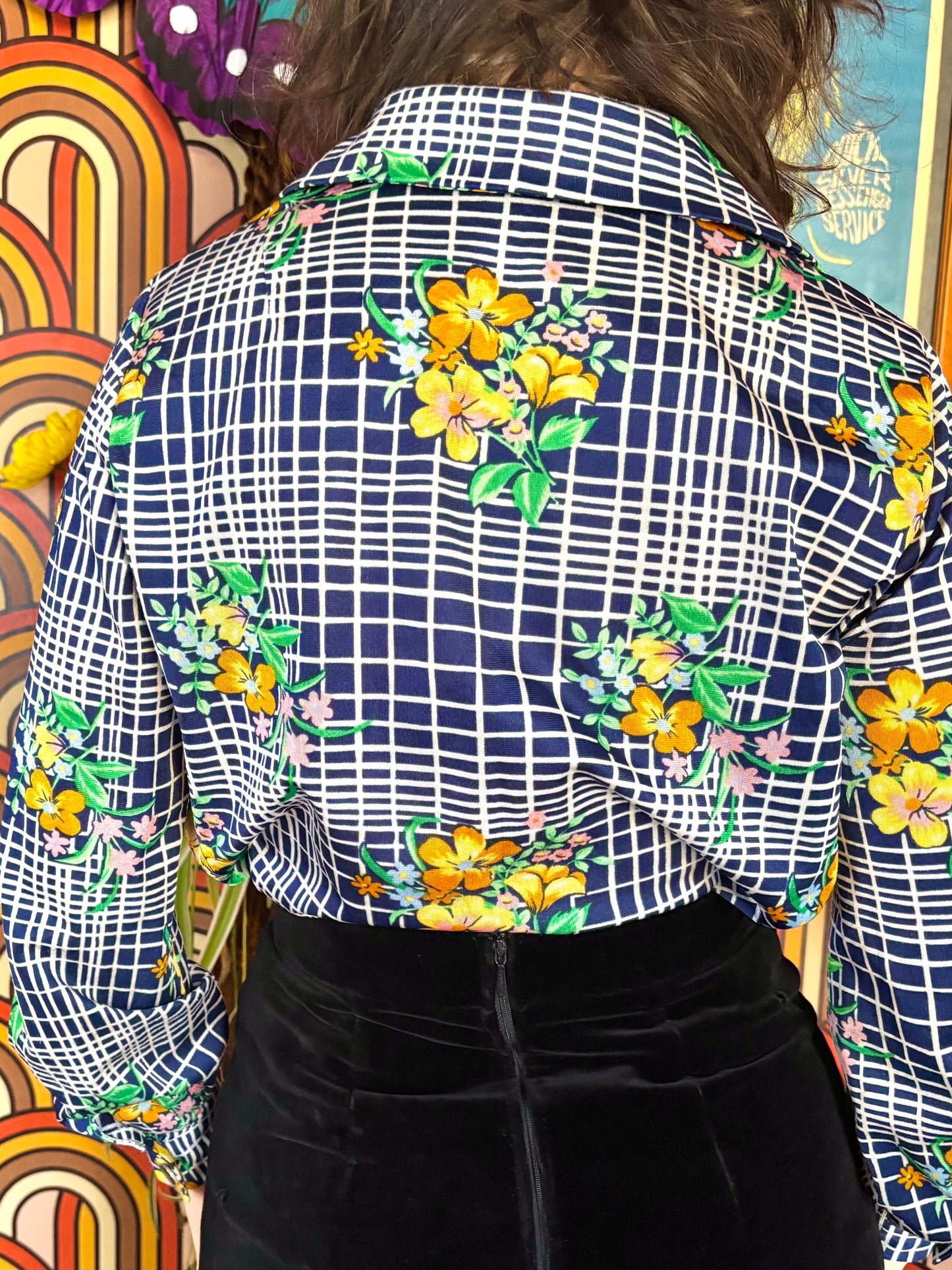 Vintage 70s Blue Check Floral Shirt