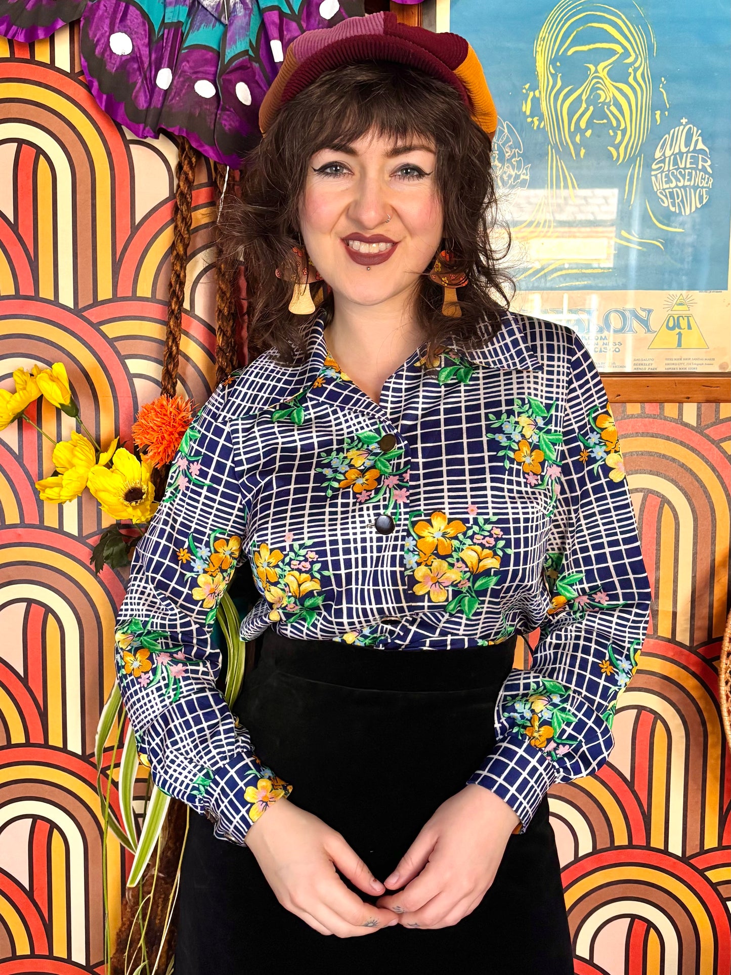 Vintage 70s Blue Check Floral Shirt