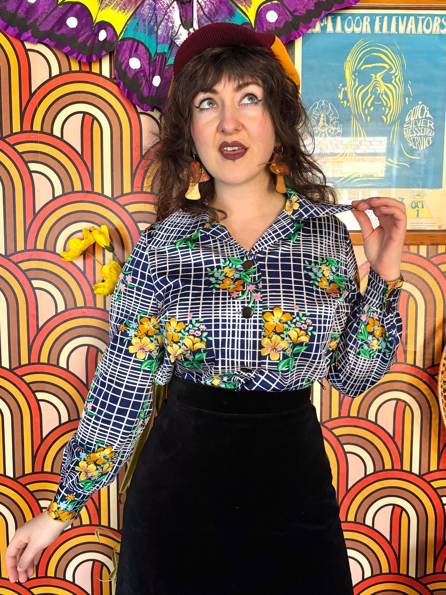 Vintage 70s Blue Check Floral Shirt