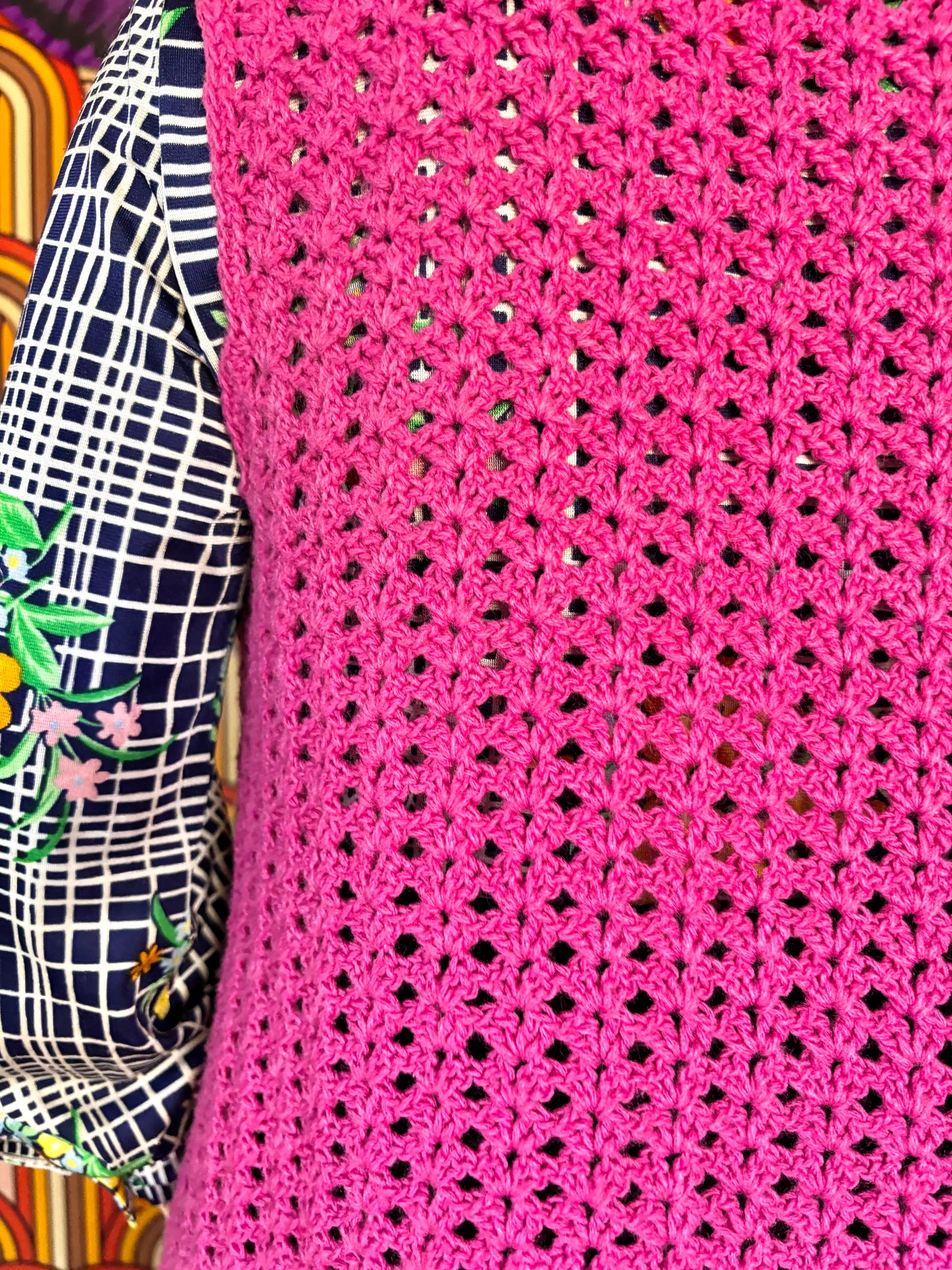 Vintage 70s Hot Pink Crochet Waistcoat