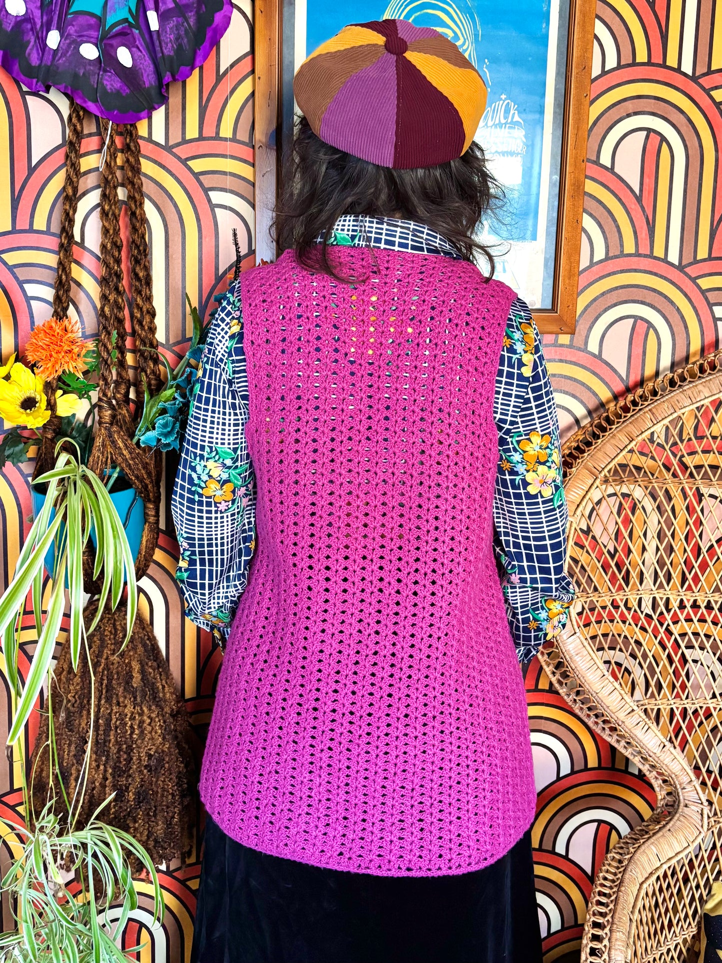 Vintage 70s Hot Pink Crochet Waistcoat