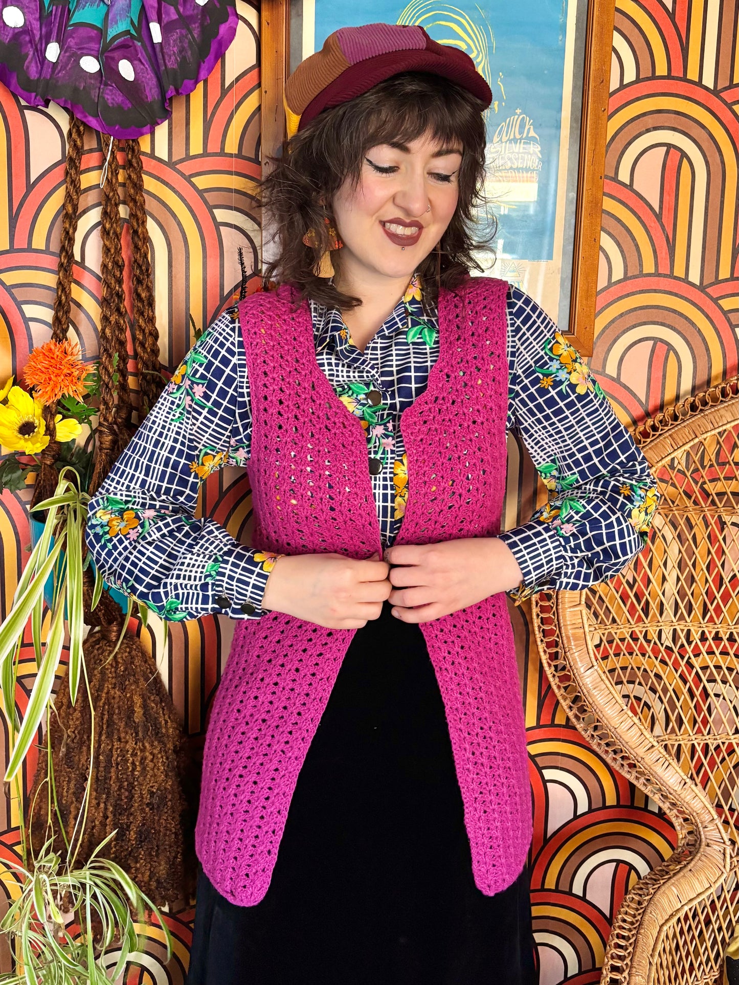 Vintage 70s Hot Pink Crochet Waistcoat