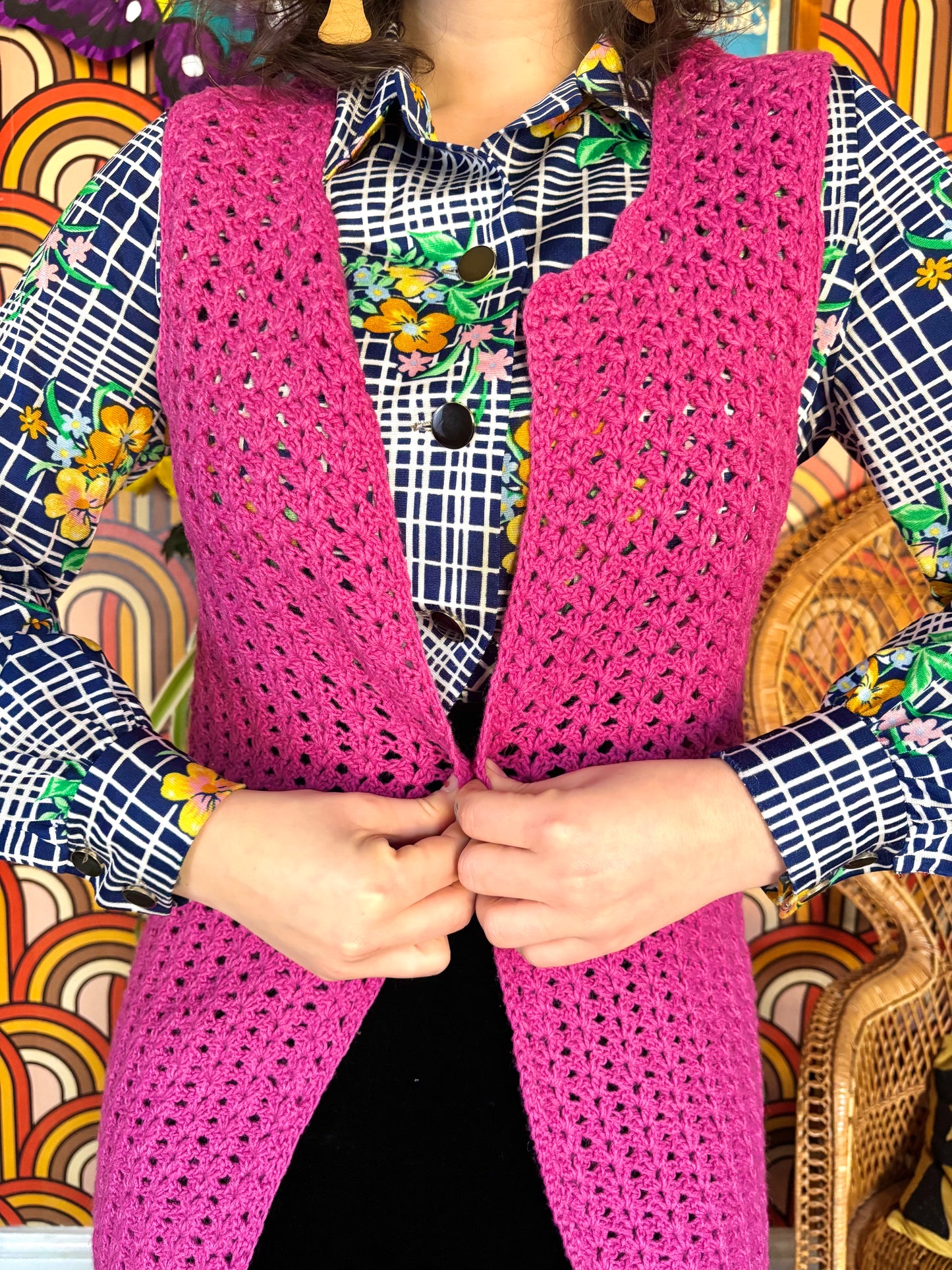 Vintage 70s Hot Pink Crochet Waistcoat