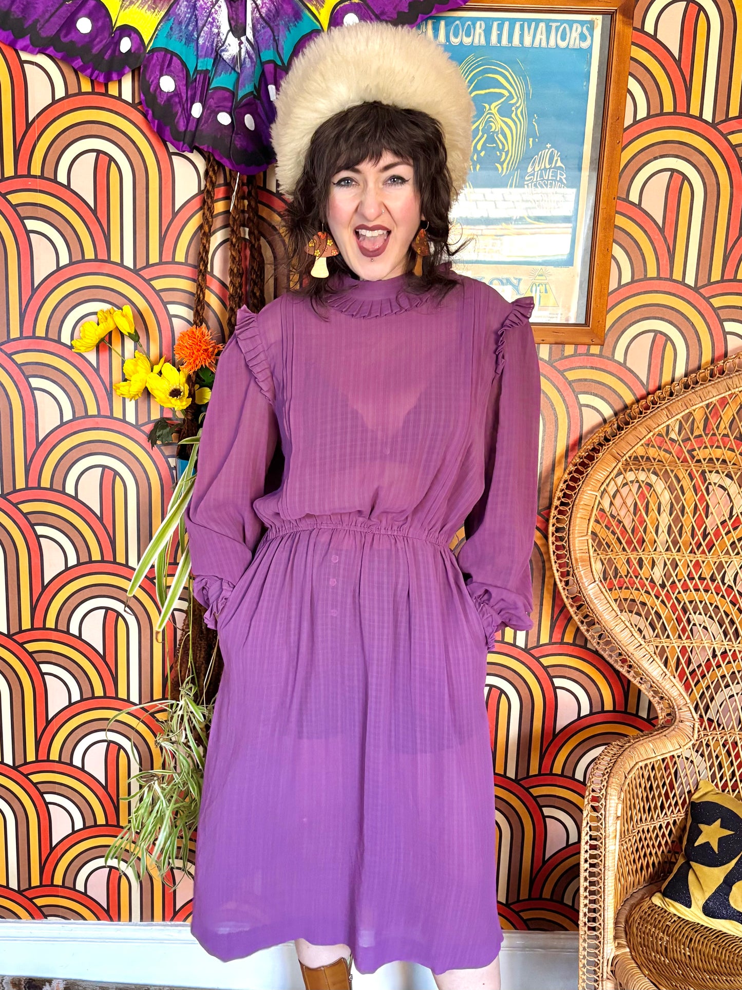 Vintage 70s Purple Frill Midi Dress