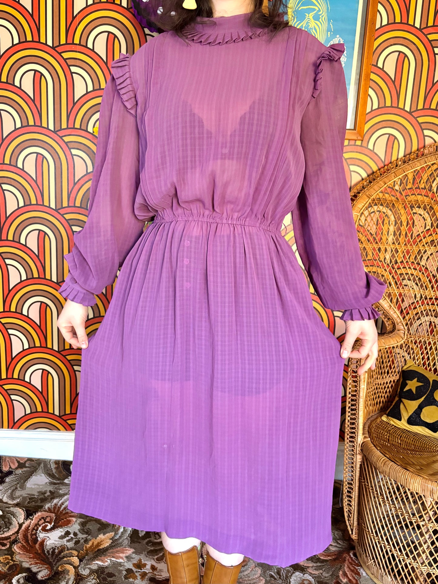 Vintage 70s Purple Frill Midi Dress