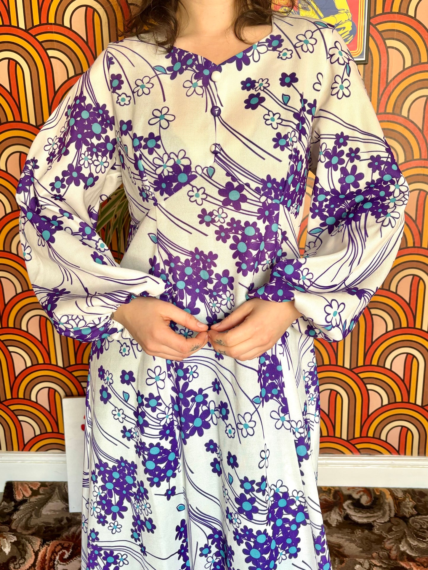 Vintage 60s White and Purple Floral Maxi Dress