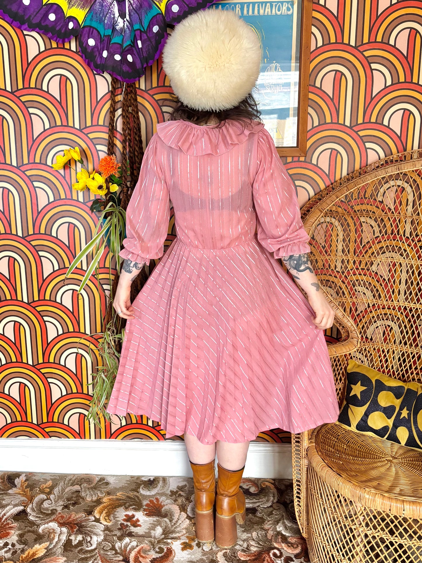 Vintage 70s Pink Frill Midi Dress