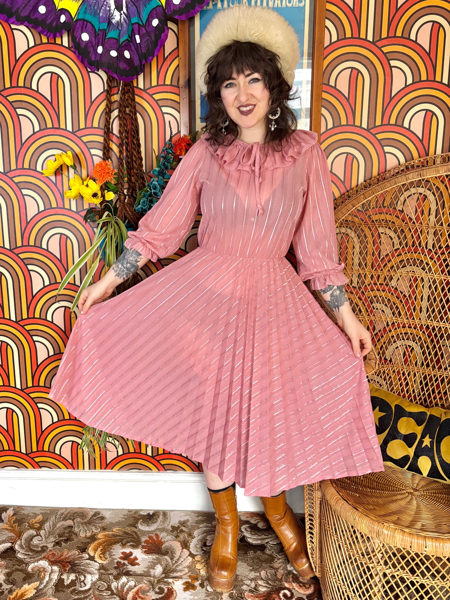 Vintage 70s Pink Frill Midi Dress