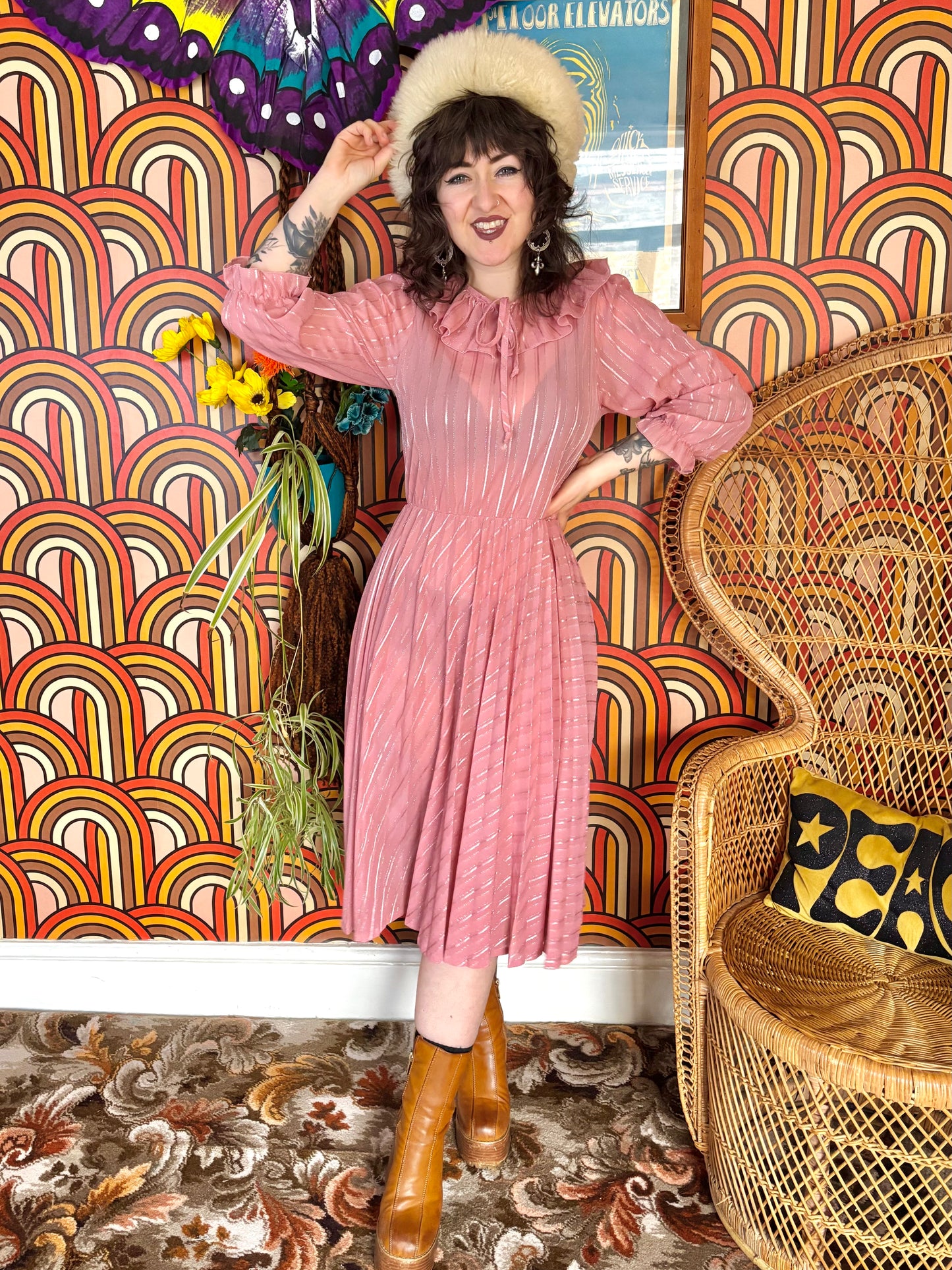 Vintage 70s Pink Frill Midi Dress