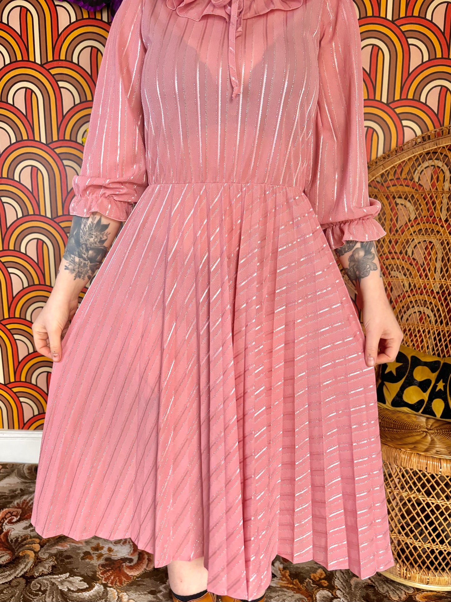 Vintage 70s Pink Frill Midi Dress