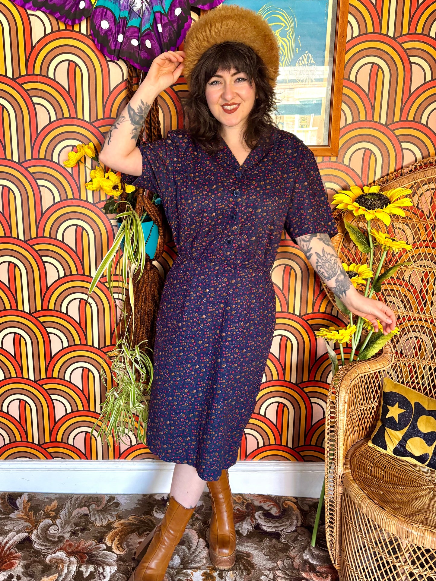 Vintage 70s Navy Floral Tea Dress