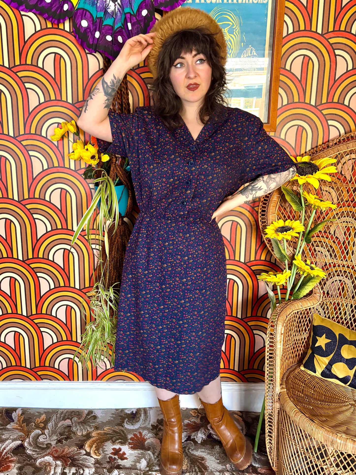 Vintage 70s Navy Floral Tea Dress